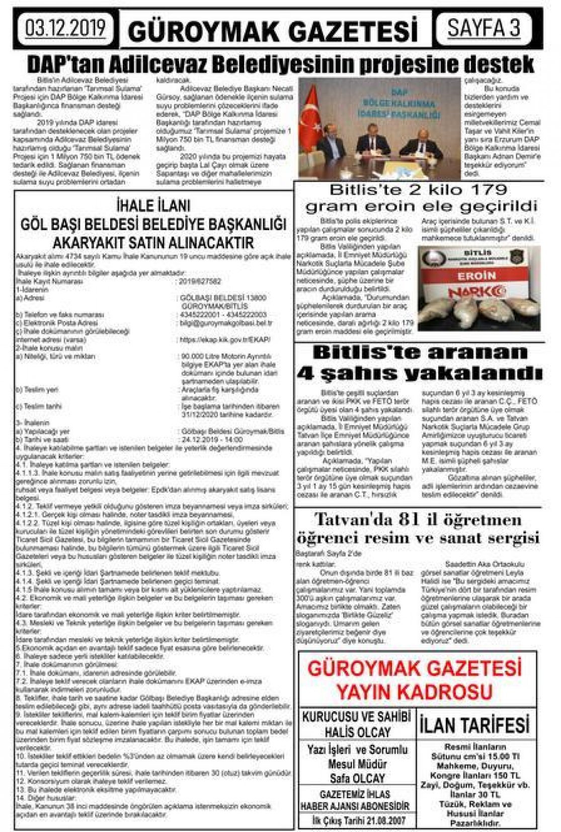 Güroymak Gazetesi  Sayılı Gazete Küpürü