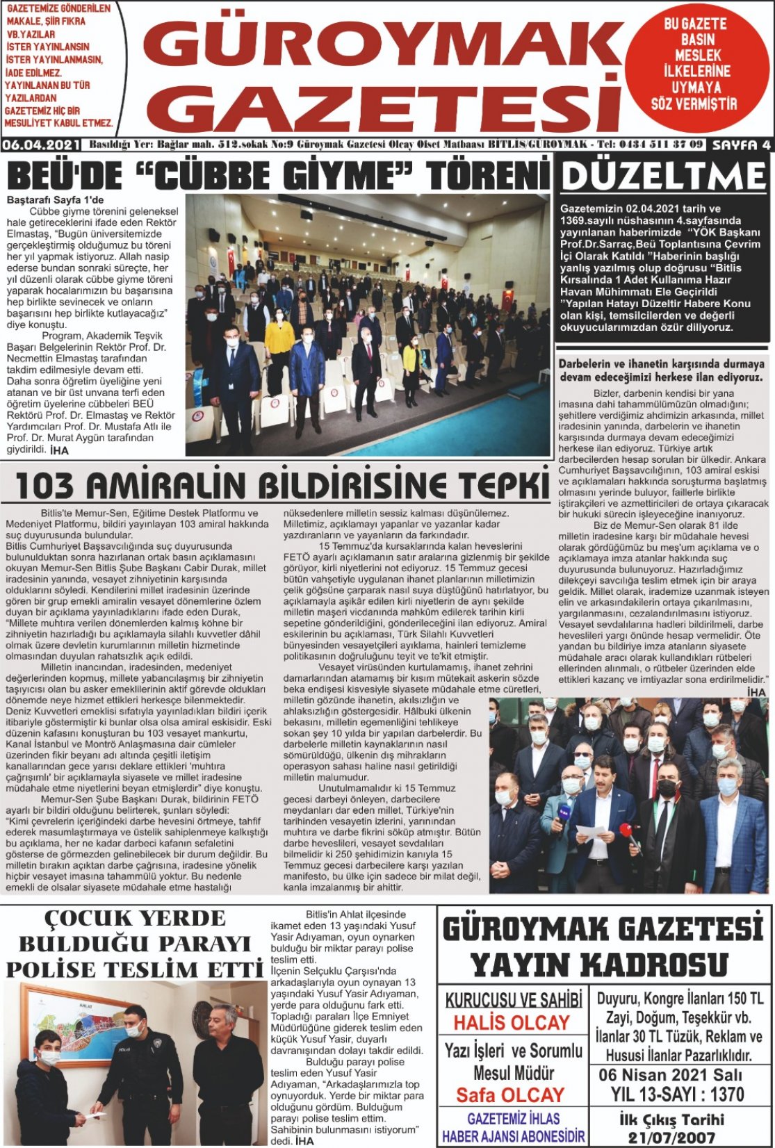 Güroymak Gazetesi  Sayılı Gazete Küpürü