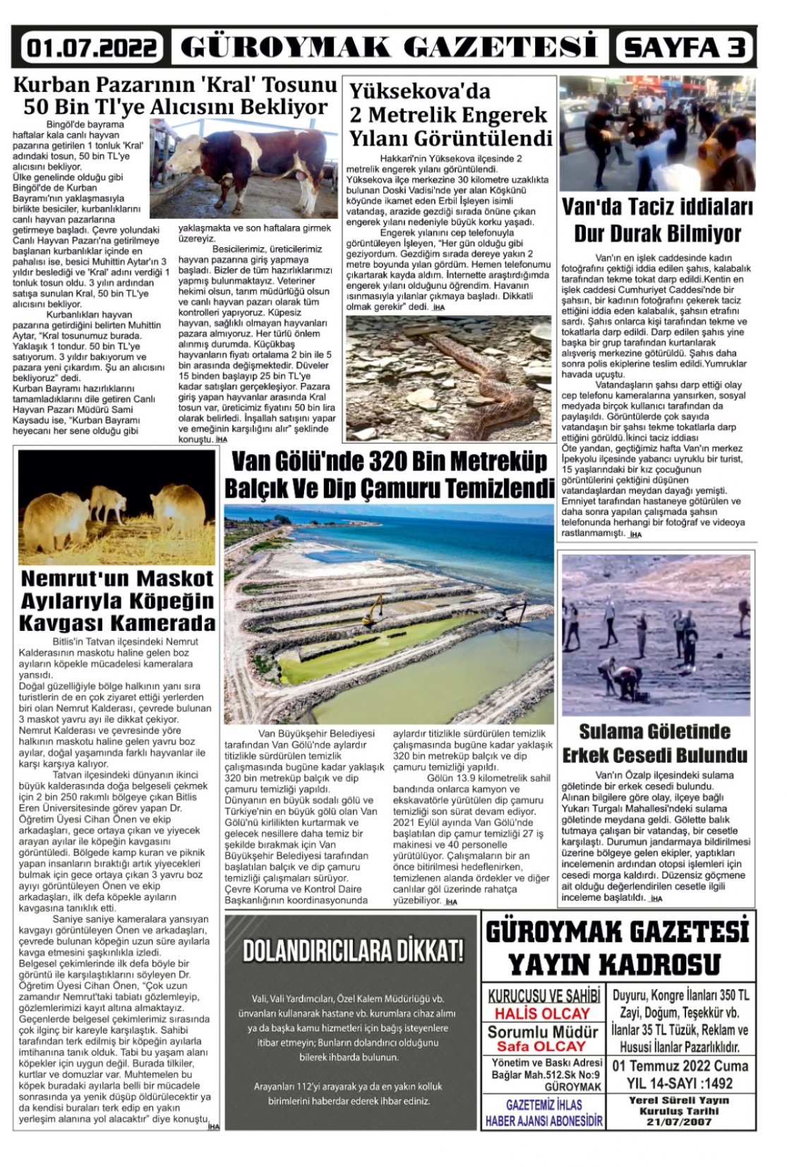 Güroymak Gazetesi  Sayılı Gazete Küpürü