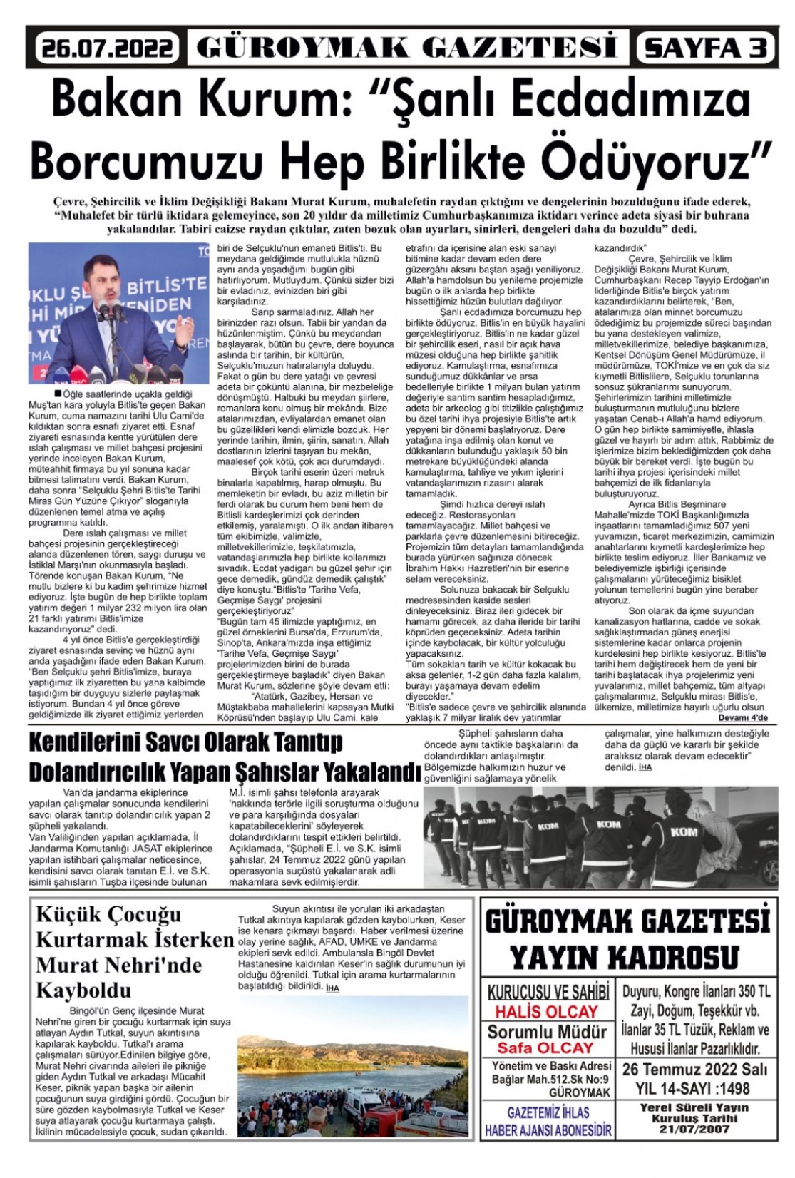 Güroymak Gazetesi  Sayılı Gazete Küpürü