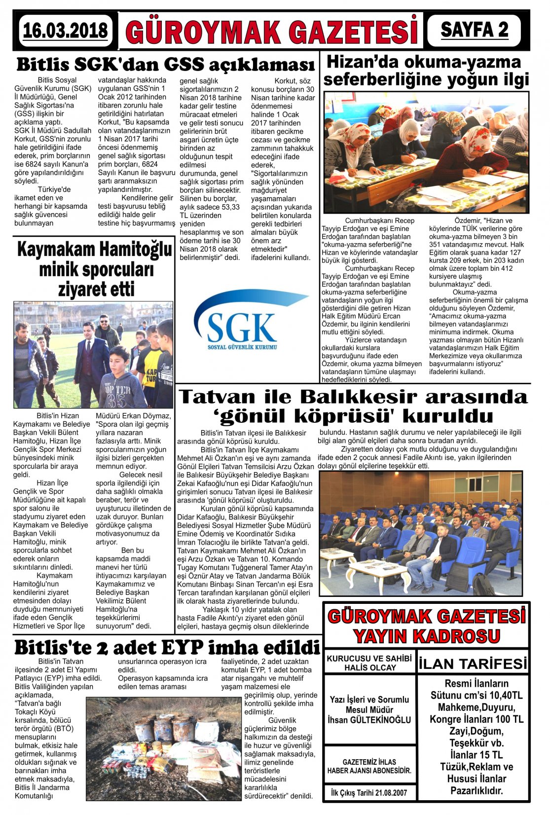 Güroymak Gazetesi  Sayılı Gazete Küpürü