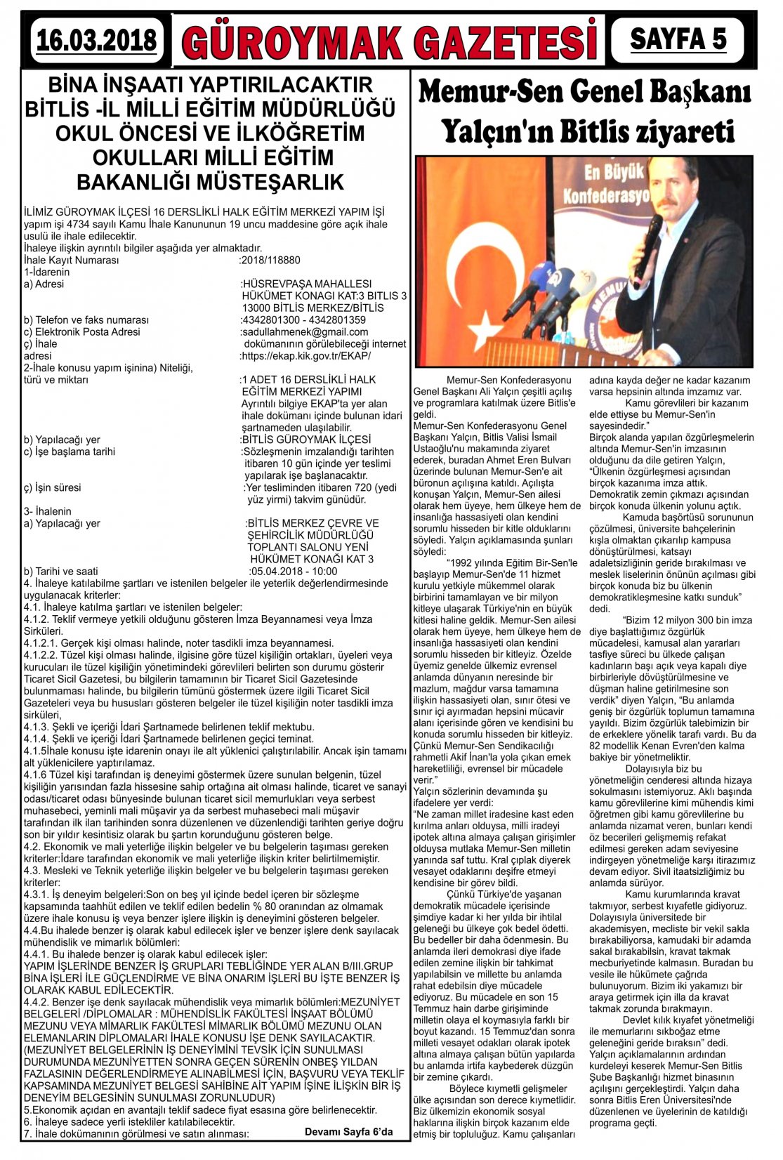 Güroymak Gazetesi  Sayılı Gazete Küpürü