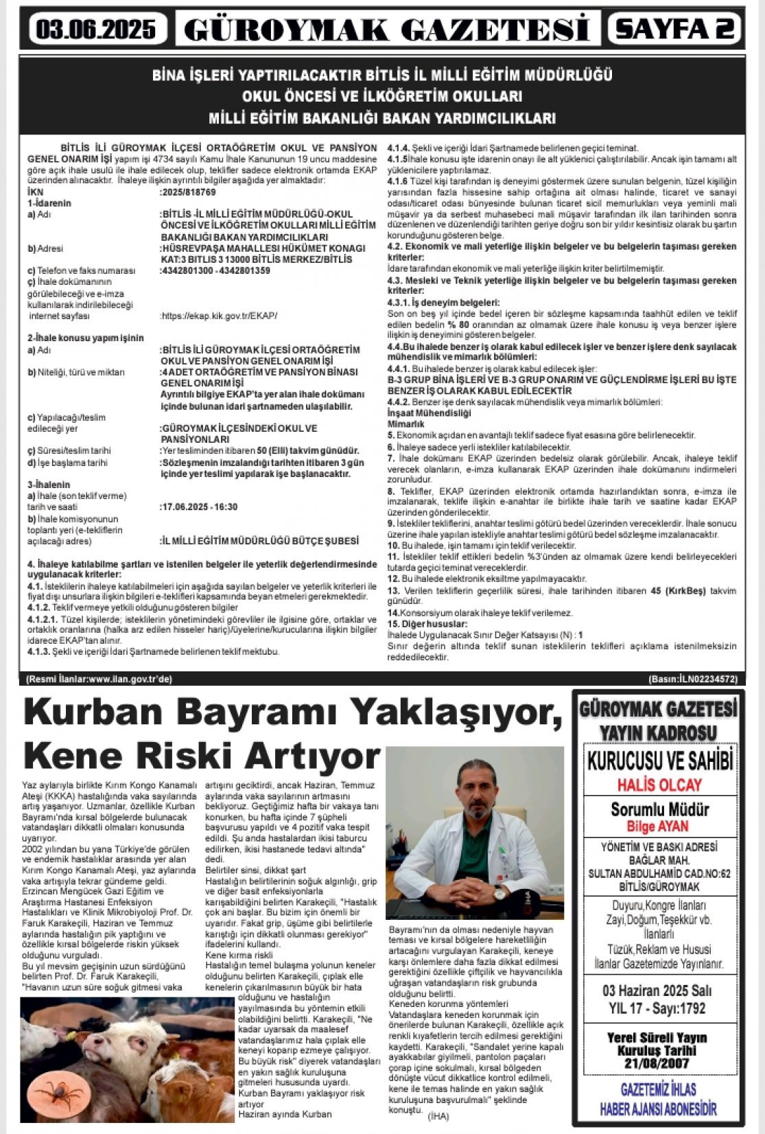 Güroymak Gazetesi  Sayılı Gazete Küpürü