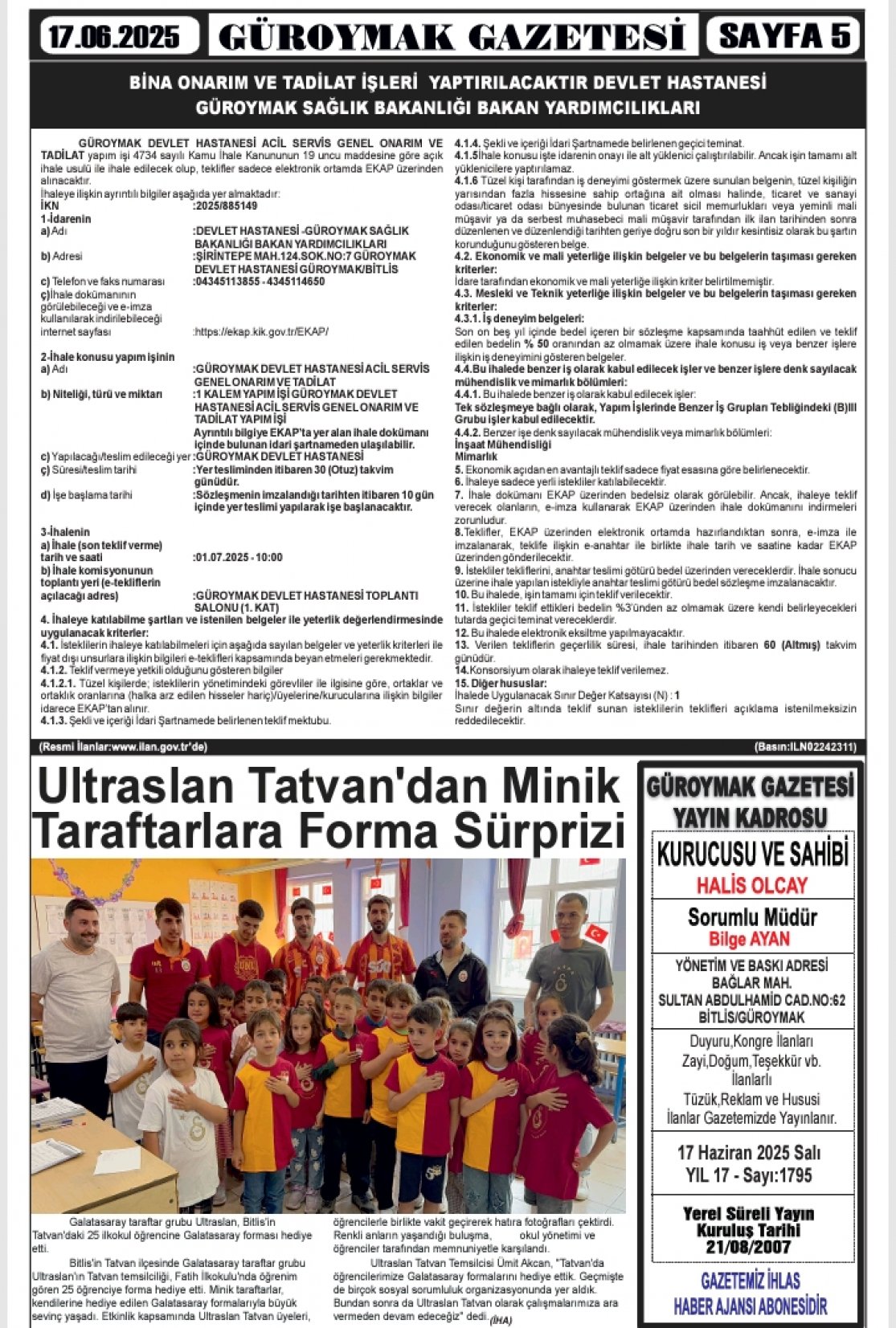 Güroymak Gazetesi  Sayılı Gazete Küpürü