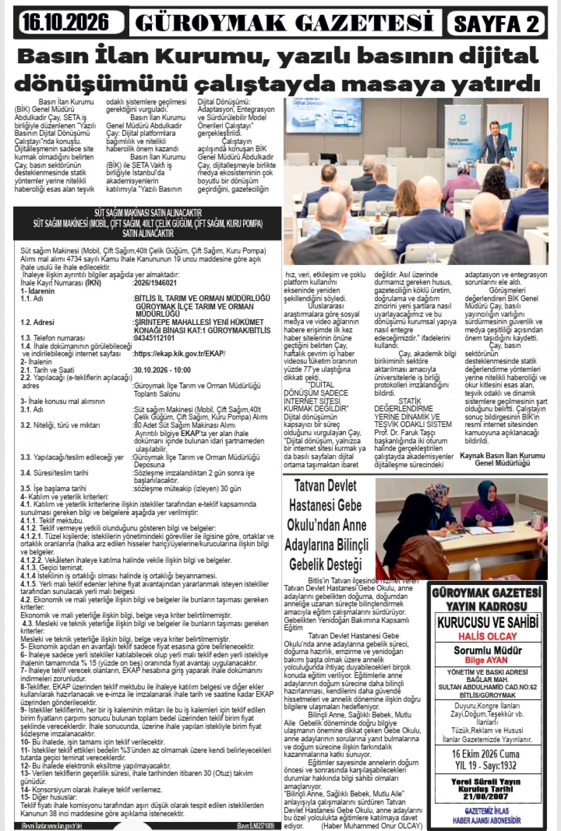 Güroymak Gazetesi  Sayılı Gazete Küpürü
