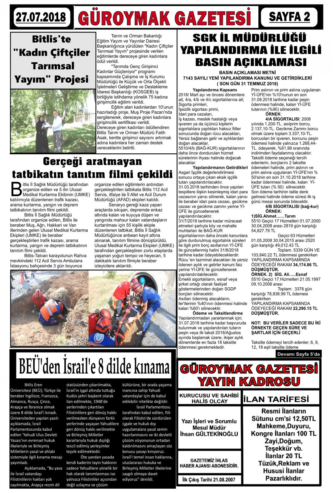 Güroymak Gazetesi  Sayılı Gazete Küpürü