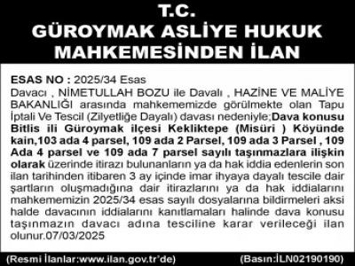 T.C.  GÜROYMAK ASLİYE HUKUK  MAHKEMESİNDEN İLAN